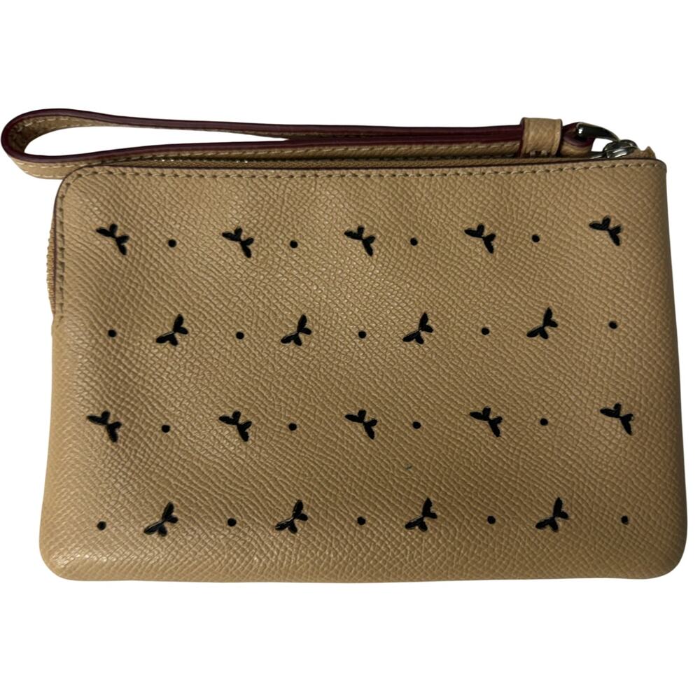 Coach Tan Pebbled Leather Bow Print Zip Wristlet Clutch Wallet Small EUC - Picture 4 of 5